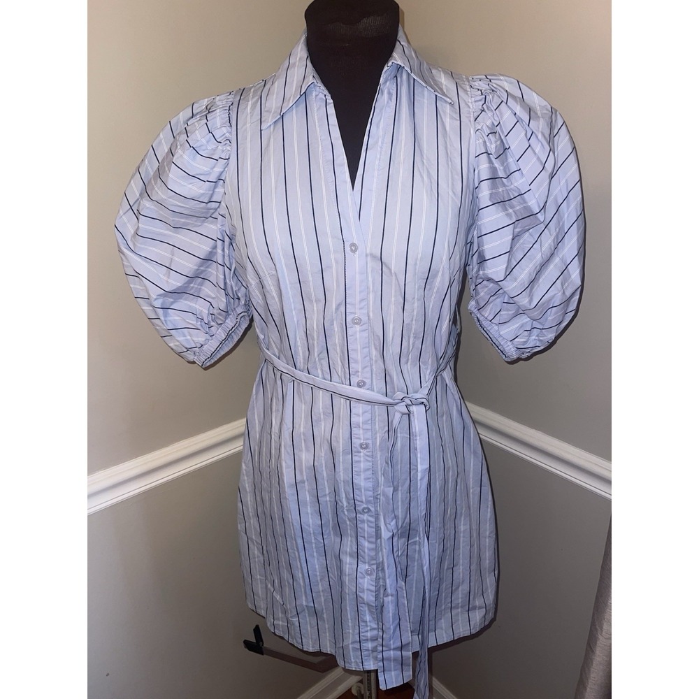 Akira Puff Sleeve Mini Shirt Dress Button‎ Front Tie Waist Size M Blue Stripe